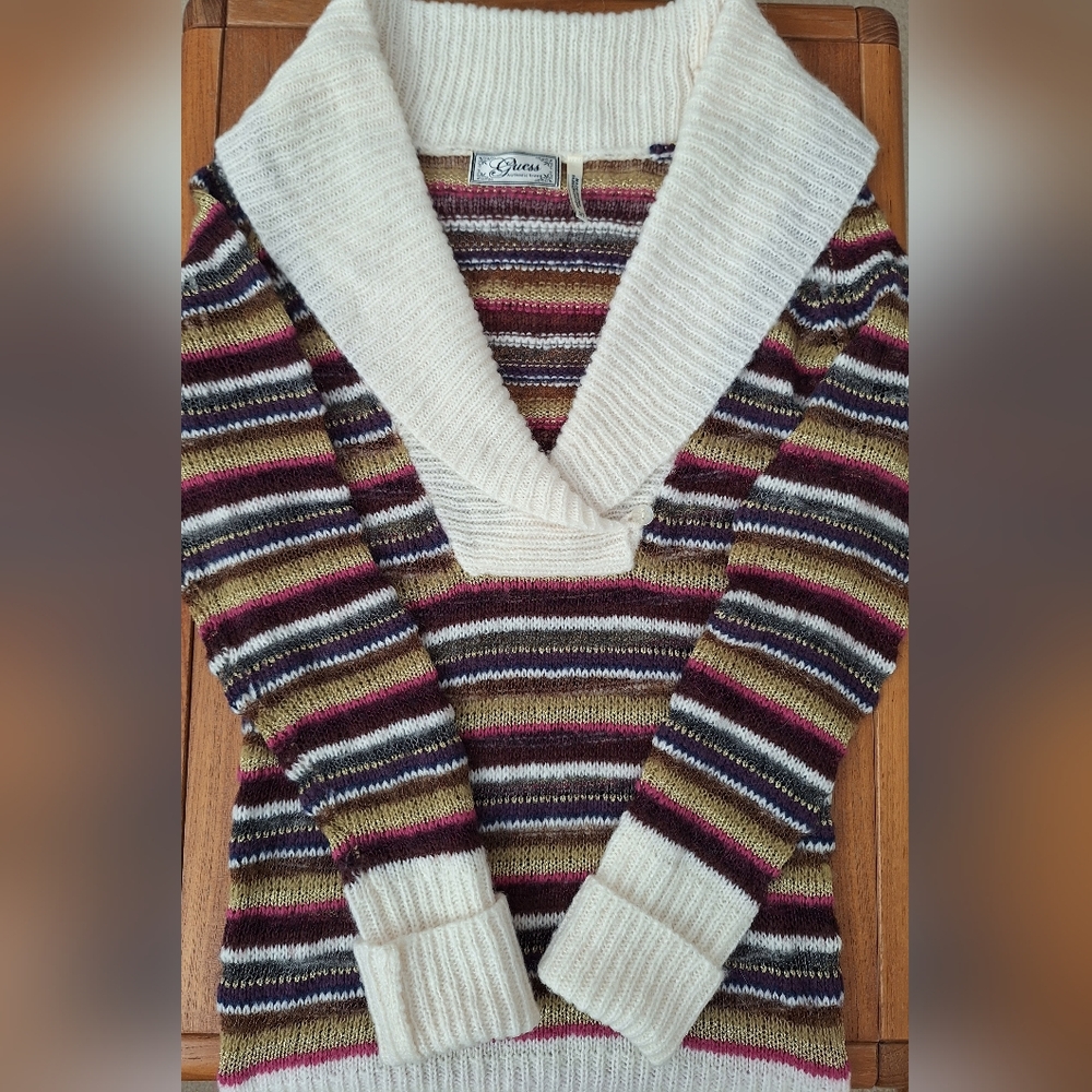 Guess Chunky Mohair Wool Sweater Dress Cowl Y2K Rainbow Shimmer Stripes Womens S